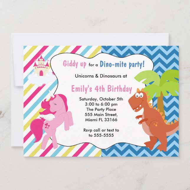 Unicorn Pony Dinosaur Invitation Birthday Party (Front)