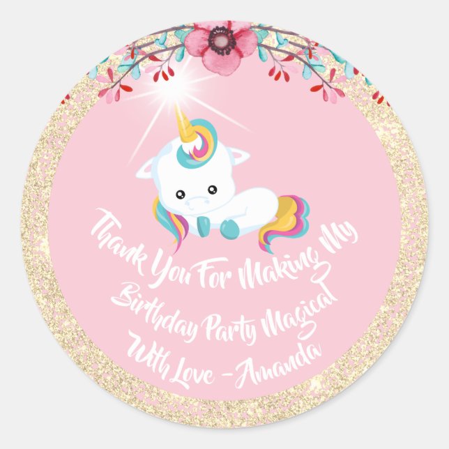 Unicorn Pony Thanks Favour Glitter Gold Sparkly Classic Round Sticker (Front)