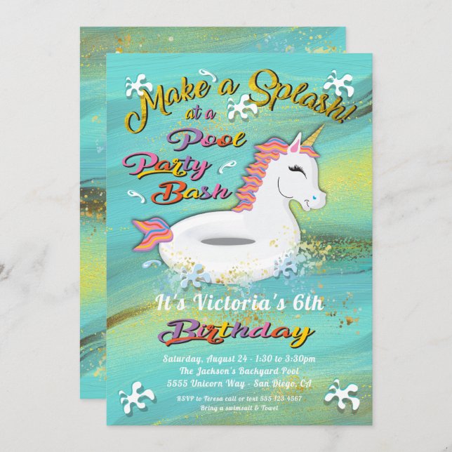 Unicorn Pool Party Birthday Bash Invitation (Front/Back)