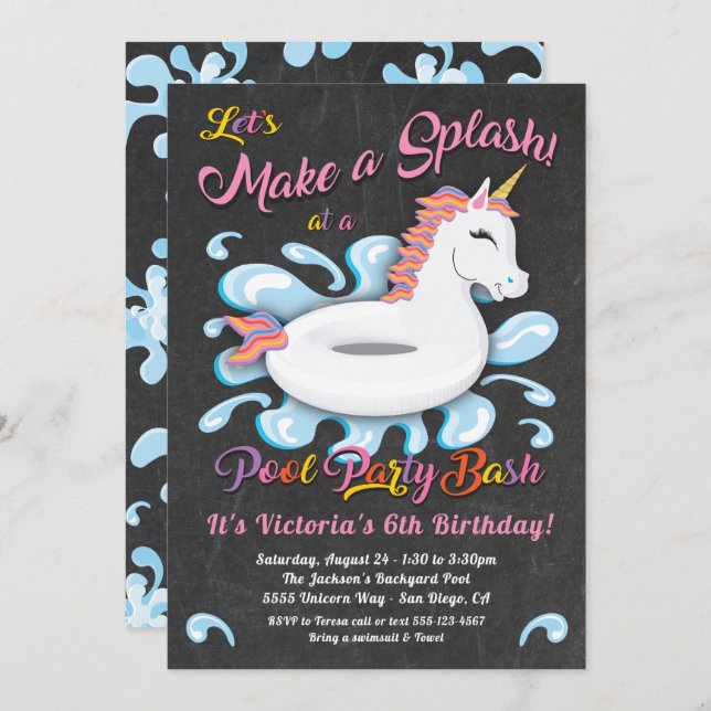 Unicorn Pool Party Birthday Bash Invitation (Front/Back)