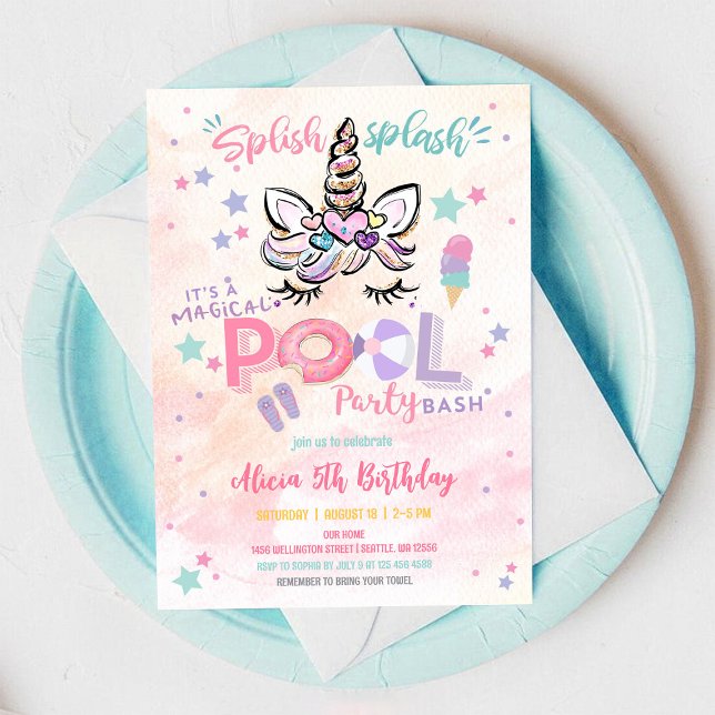 Unicorn Pool Party Birthday Invitation (Creator Uploaded)