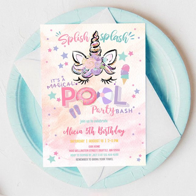 Unicorn Pool Party Birthday Invitation (Creator Uploaded)