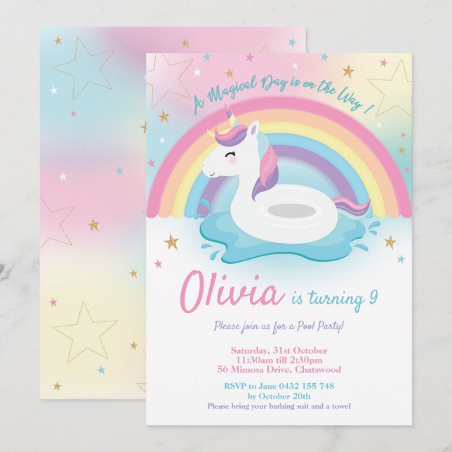 Unicorn Pool Party Birthday Invitation Girls (Front/Back)