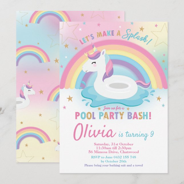 Unicorn Pool Party Birthday Invitation Girls (Front/Back)