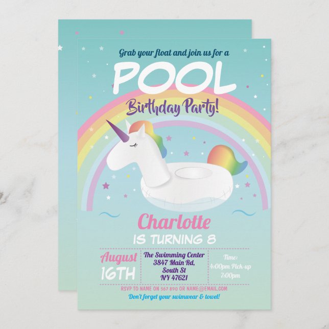 Unicorn Pool Party Birthday Rainbow Beach Float Invitation (Front/Back)