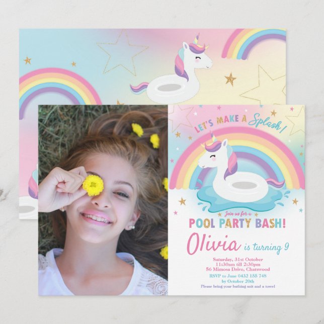 Unicorn Pool Party Birthday Unicorn Floatie Photo Invitation (Front/Back)