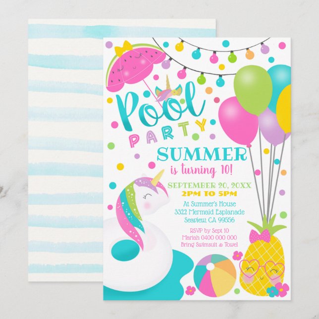 Unicorn Pool Party Invitation Girl Pool Birthday (Front/Back)