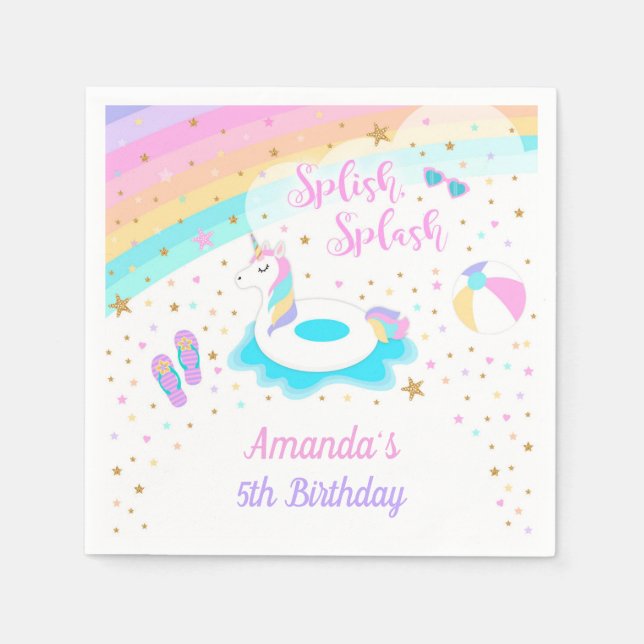 Unicorn Pool Party Paper Napkin Pink & Gold (Front)