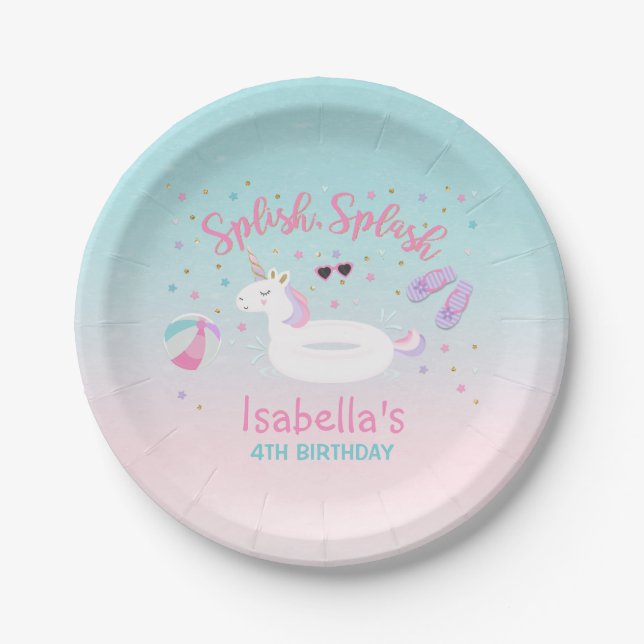 Unicorn Pool Party Paper Plate Unicorn Birthday (Front)