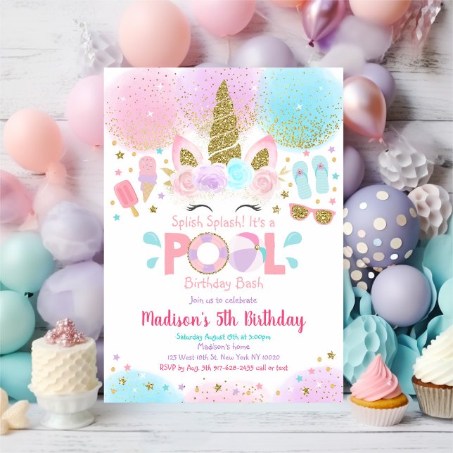 Unicorn Pool Party Pink Gold Birthday Invitation (Creator Uploaded)