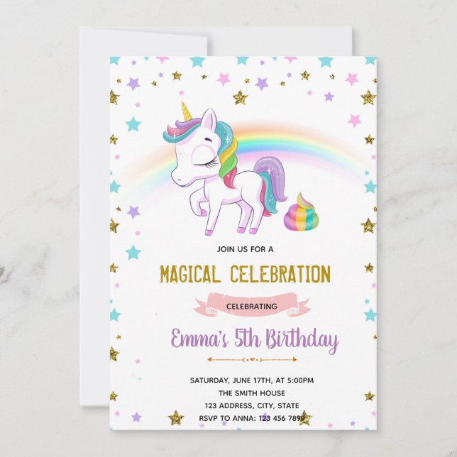 Unicorn pooper party invitation (Front)