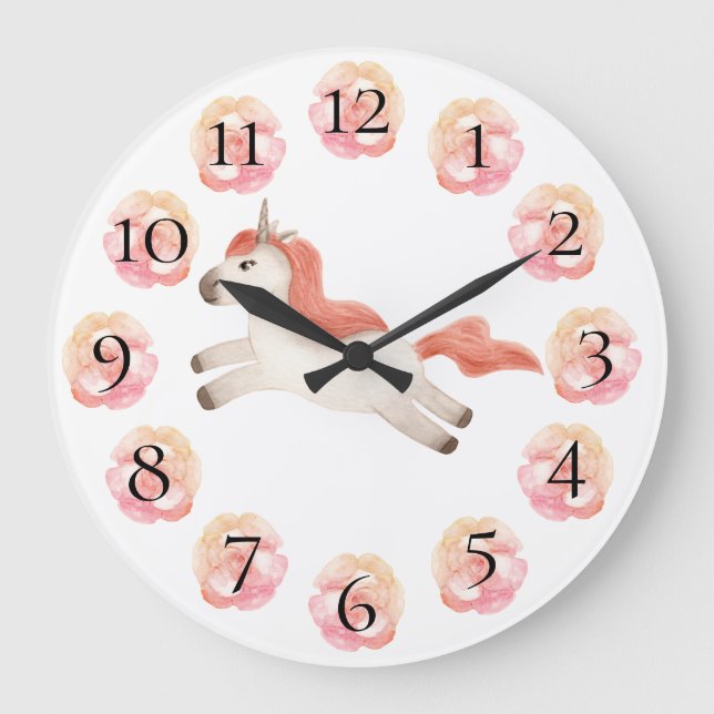 Unicorn Pretty Girly Pastel Floral Large Clock (Front)