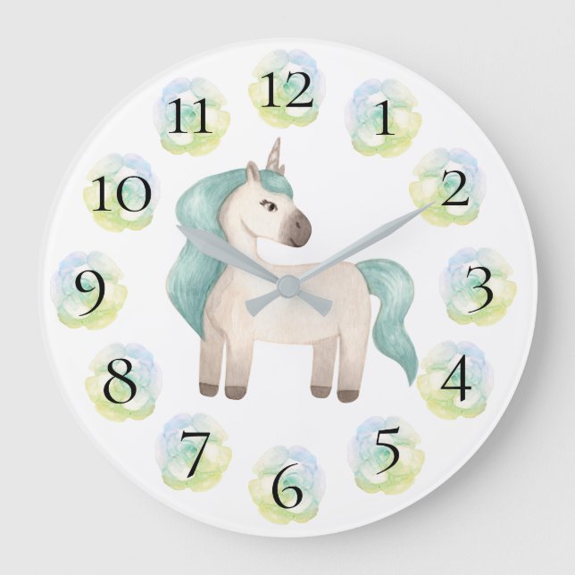 Unicorn Pretty Girly Pastel Floral Large Clock (Front)