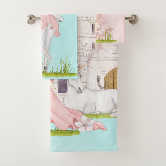 Unicorn Princess Castle Pink Blue  Bath Towel Set (Insitu)