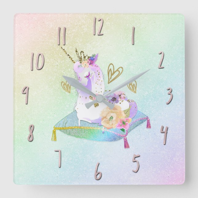 Unicorn Princess Diva Iridescent Rainbow Pastel Square Wall Clock (Front)