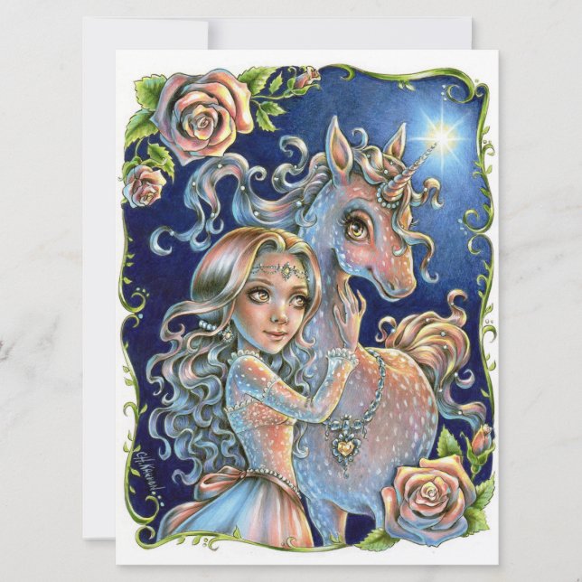 Unicorn Princess Fairytale Fantasy Rose Art Card (Front)