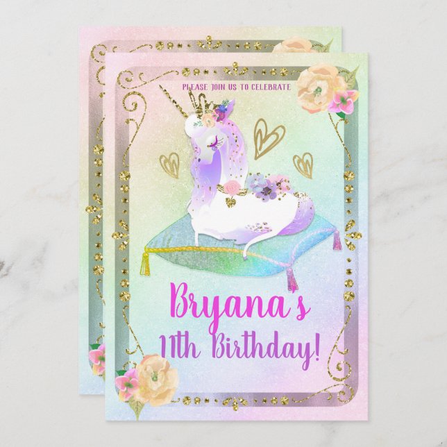 Unicorn Princess Iridescent Rainbow Pastel Party Invitation (Front/Back)