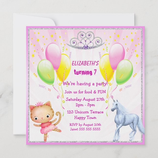 Unicorn, Princess Kitty, Tiara & Balloons Invites (Front)