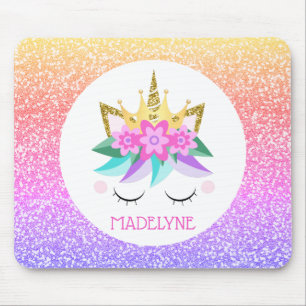 Unicorn Princess Rainbow Glitter Personalised Name Mouse Pad