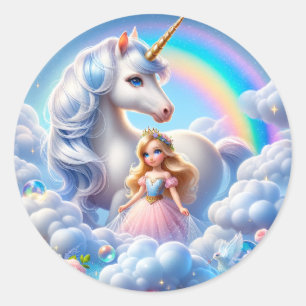 Unicorn Princess Rainbow Sticker, Pastel Fairytale Classic Round Sticker