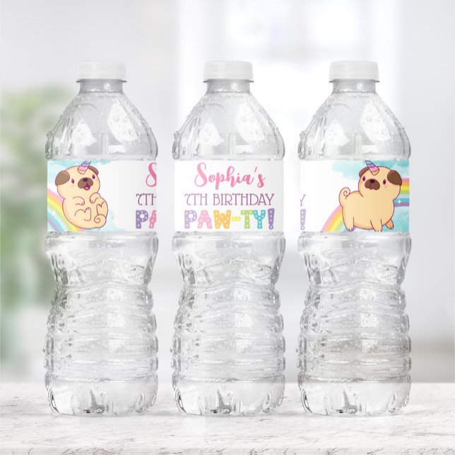 Unicorn Pug Water Bottle Labels, Pug Birthday Label (Creator Uploaded)