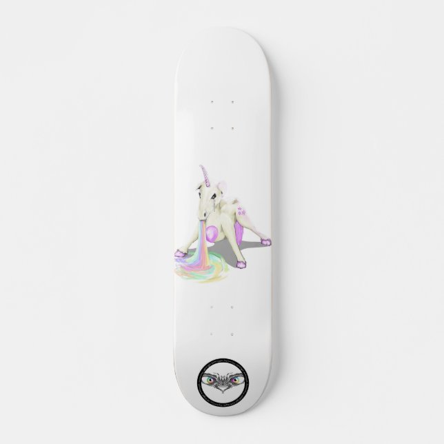 Unicorn puking rainbow purple stars skateboard (Front)