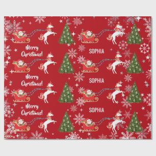 Unicorn Pulling Santa's Sleigh Snow Personalised  Wrapping Paper