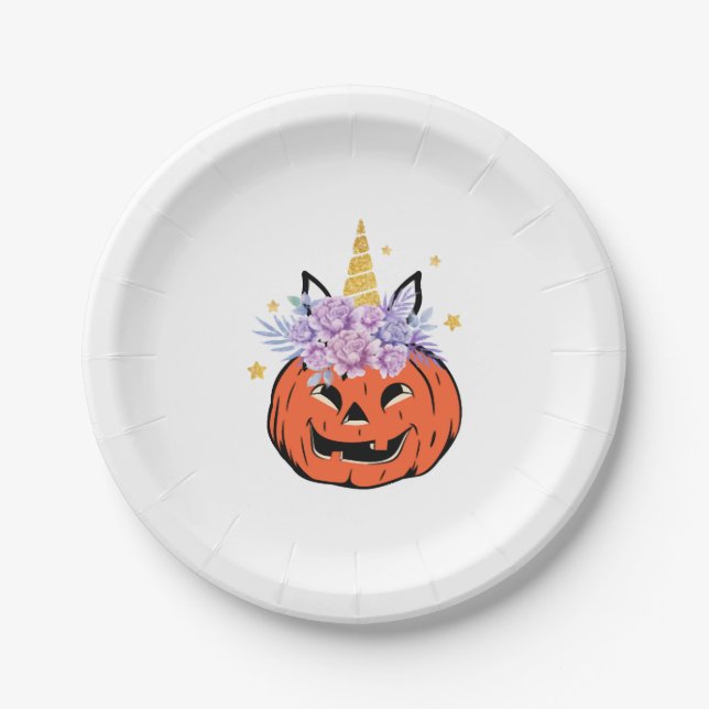 Unicorn Pumpkin Halloween Design Paper Plate (Front)