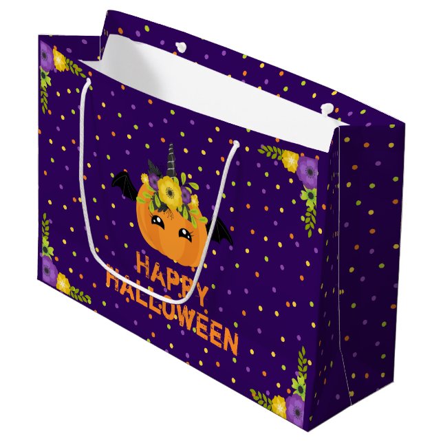 Unicorn Pumpkin Happy Halloween Purple Large Gift  Bag (Front Angled)