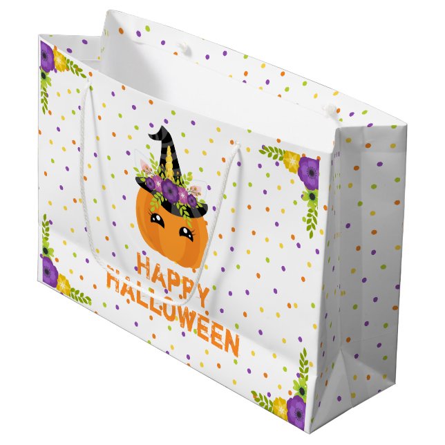 Unicorn Pumpkin Happy Halloween White Large Gift B Large Gift Bag (Front Angled)