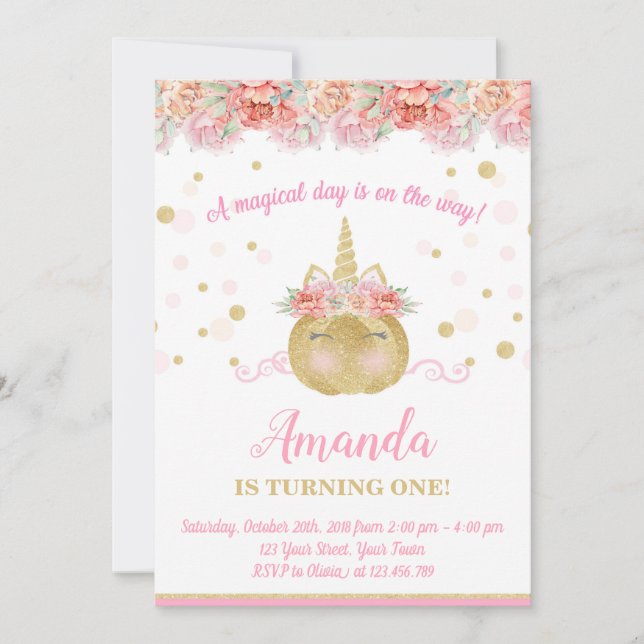 Unicorn Pumpkin Invitation, Birthday Invitation (Front)