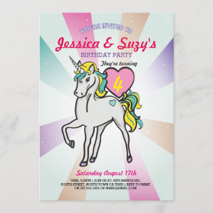 Unicorn Purple Birthday Party Twins Girls Invite