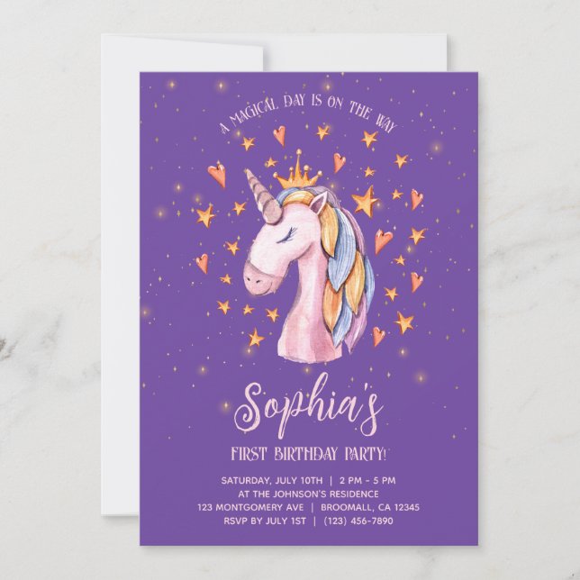 Unicorn Purple Cute Birthday Invitation (Front)