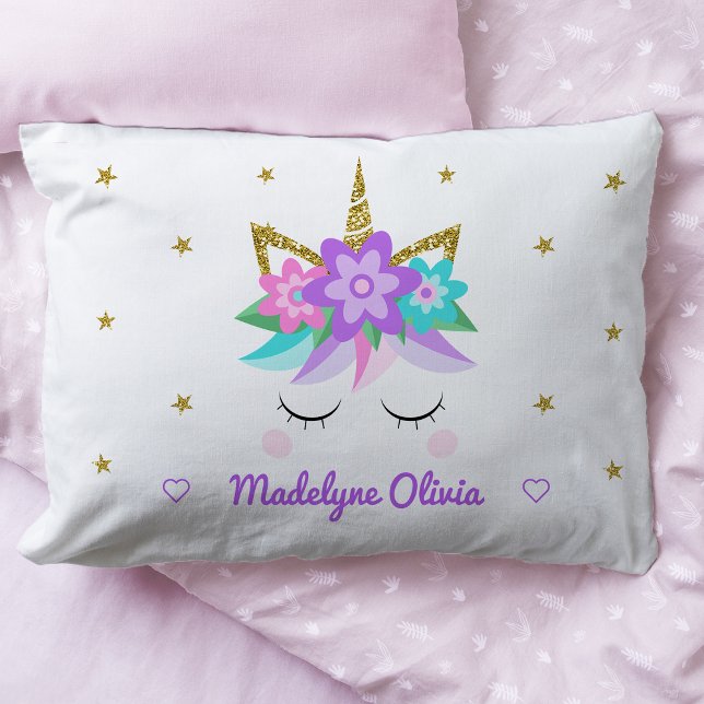 Unicorn Purple Flowers Glitter Stars Personalised Pillowcase (Creator Uploaded)