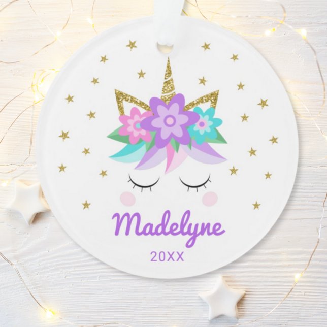 Unicorn Purple Flowers Stars Personalized Name Ornament (Creator Uploaded)