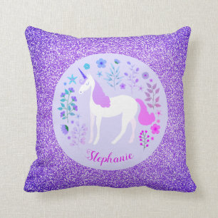 Unicorn Purple Glitter Personalised Name Cushion