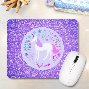 Unicorn Purple Glitter Personalised Name Mouse Pad