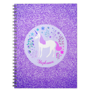 Unicorn Purple Glitter Personalised Name Notebook