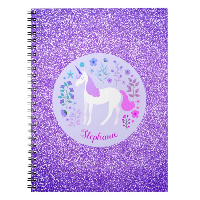 Unicorn Purple Glitter Personalised Name Notebook (Front)