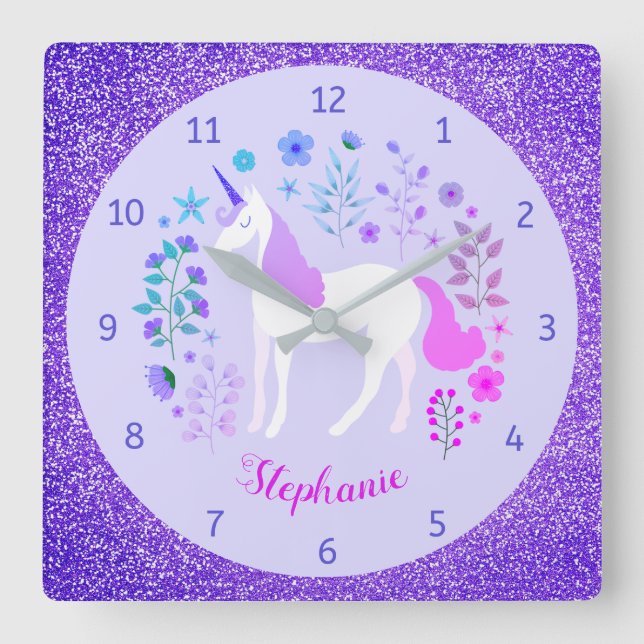 Unicorn Purple Glitter Personalised Name Square Wall Clock (Front)