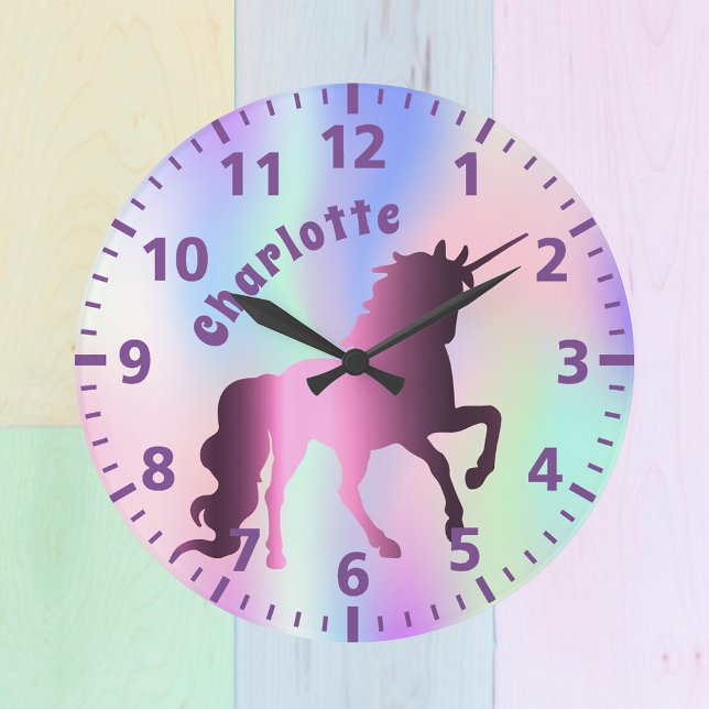 Unicorn purple holographic name girl large clock (Creator Uploaded)