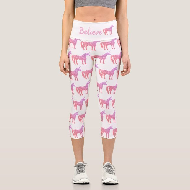 Unicorn purple pink blush glitter Sparkles Believe Capri Leggings (Front)