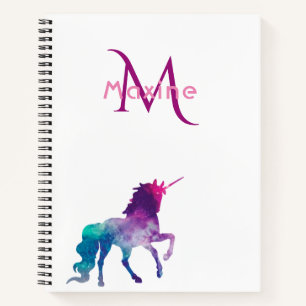 Unicorn purple pink white monogram notebook