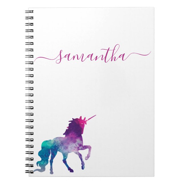 Unicorn purple pink white monogram script notebook (Front)