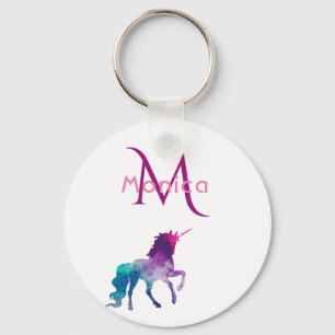 Unicorn purple pink white monogrammed key ring