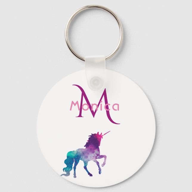 Unicorn purple pink white monogrammed key ring (Front)