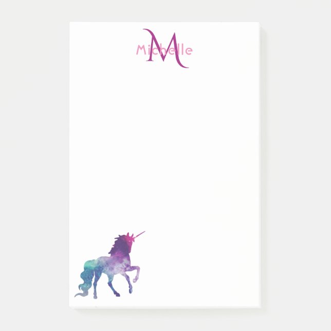 Unicorn purple white monogrammed post-it notes (Front)