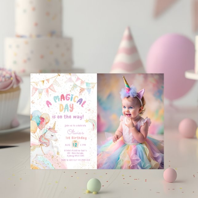 Unicorn Rainbow 1st Birthday Party Photo Invitation (Creator Uploaded)
