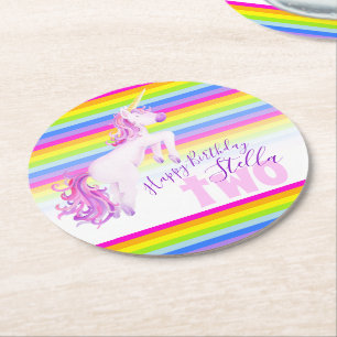 Unicorn rainbow 2nd birthday party coasters