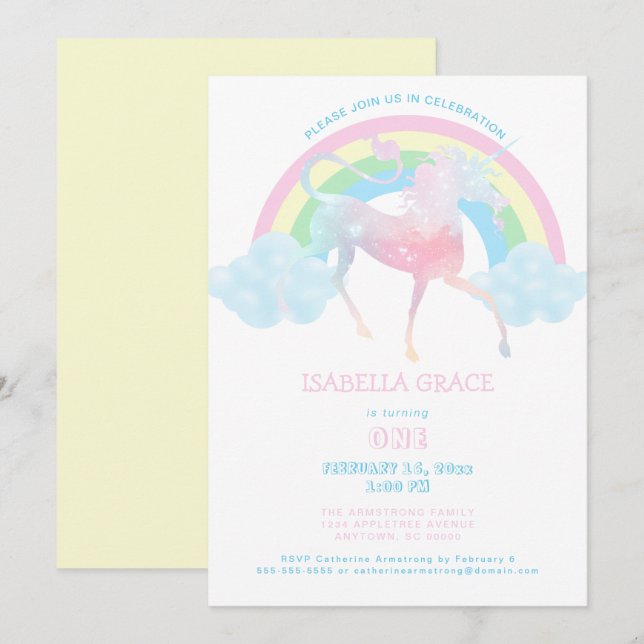 Unicorn Rainbow Baby Girl 1st Birthday Invitation (Front/Back)